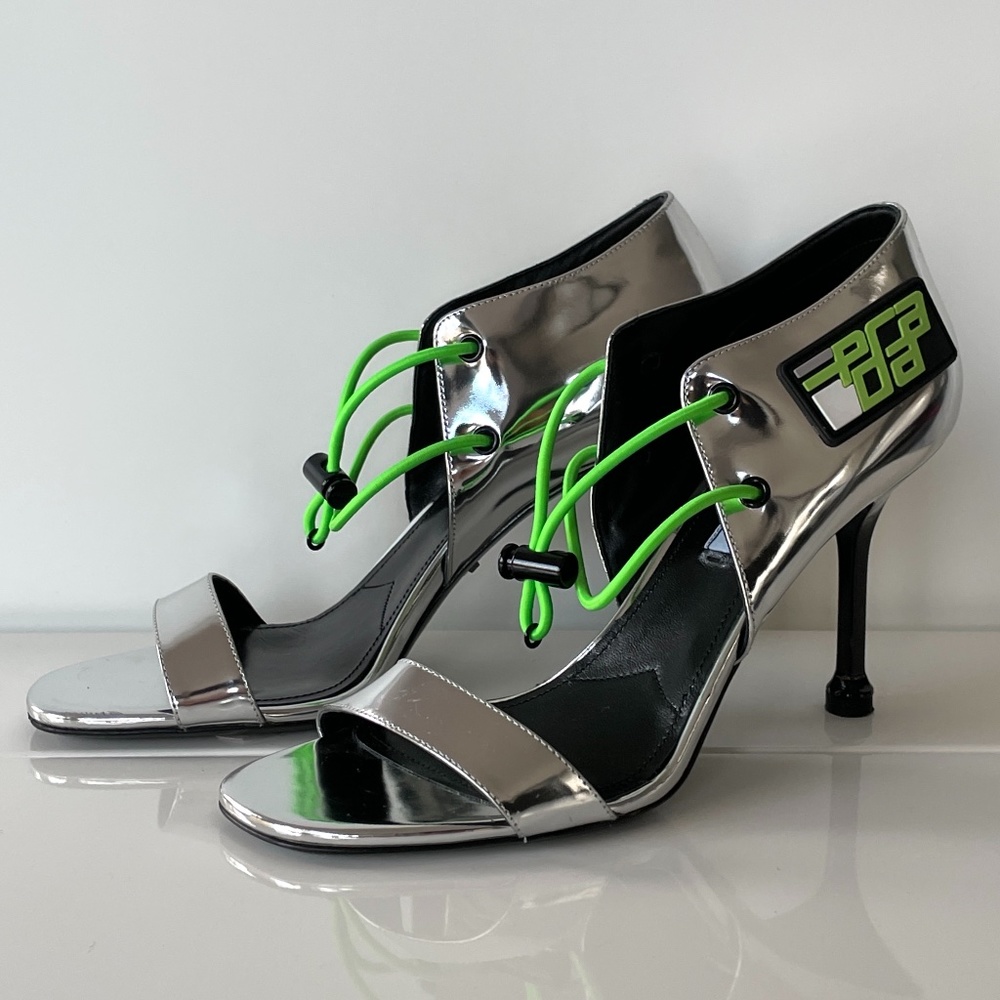 Modern Silver & Neon Green Prada Stilettos
